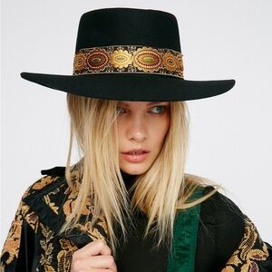 Lack of Color "Lolita" black wool felt boater hat with a gold ribbon Boho band.